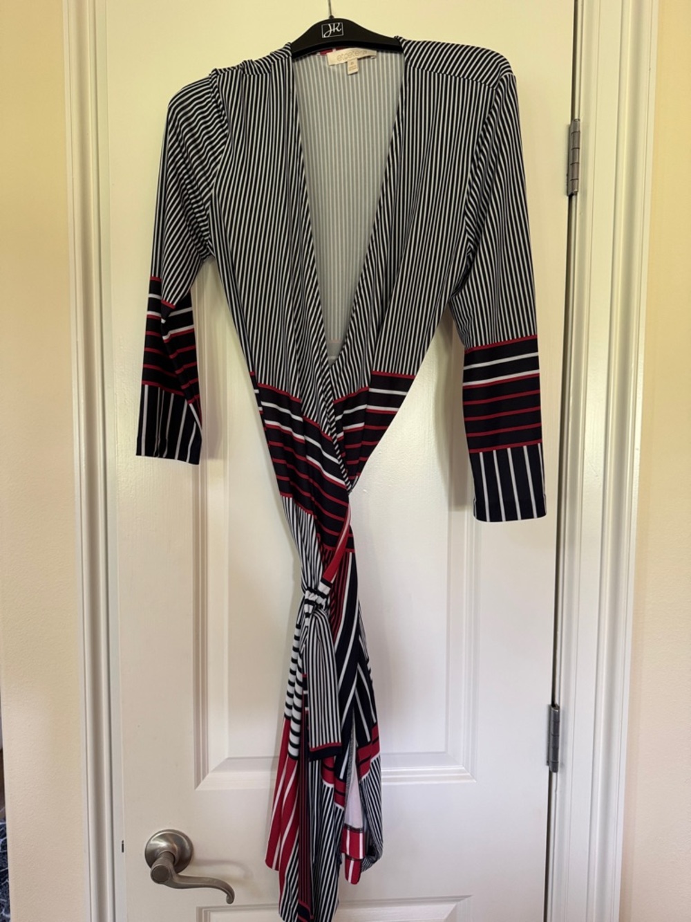 Etcetera Black and White Striped Wrap Dress with Red Accents